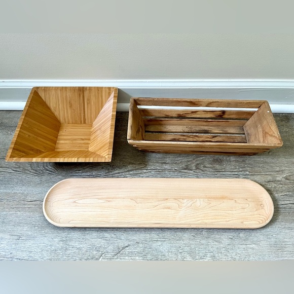 ❌SOLD❌ Bamboo Wooden Appetizer Tray, Slatted Basket & Pampered Chef Bamboo Bowl - Picture 2 of 2